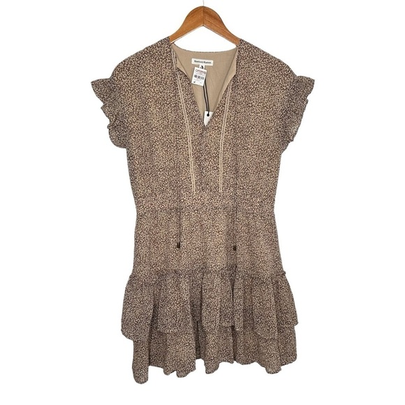 Newbury Kustom Animal Print Tiered Ruffle Mini Dress Sz Medium Tan Brown V Neck - Picture 1 of 8